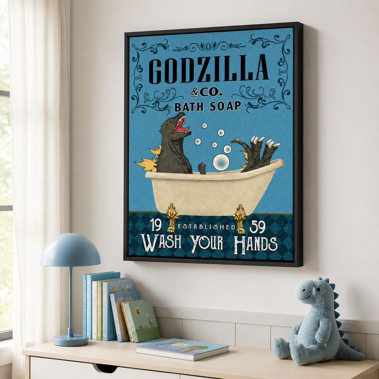 Funny Kaiju Bath Soap Canvas Wall Art Aura Canvas