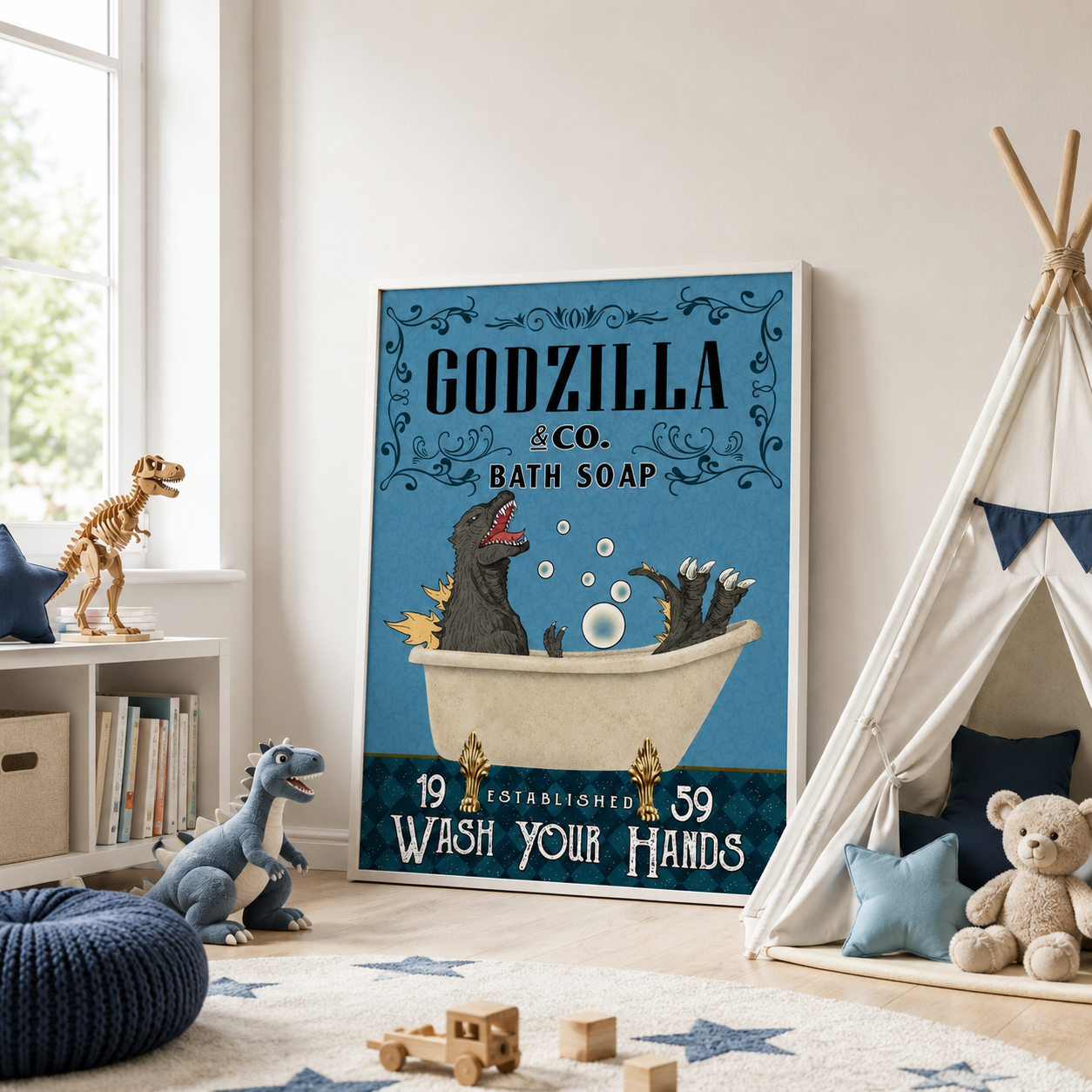 Funny Kaiju Bath Soap Canvas Wall Art Aura Canvas