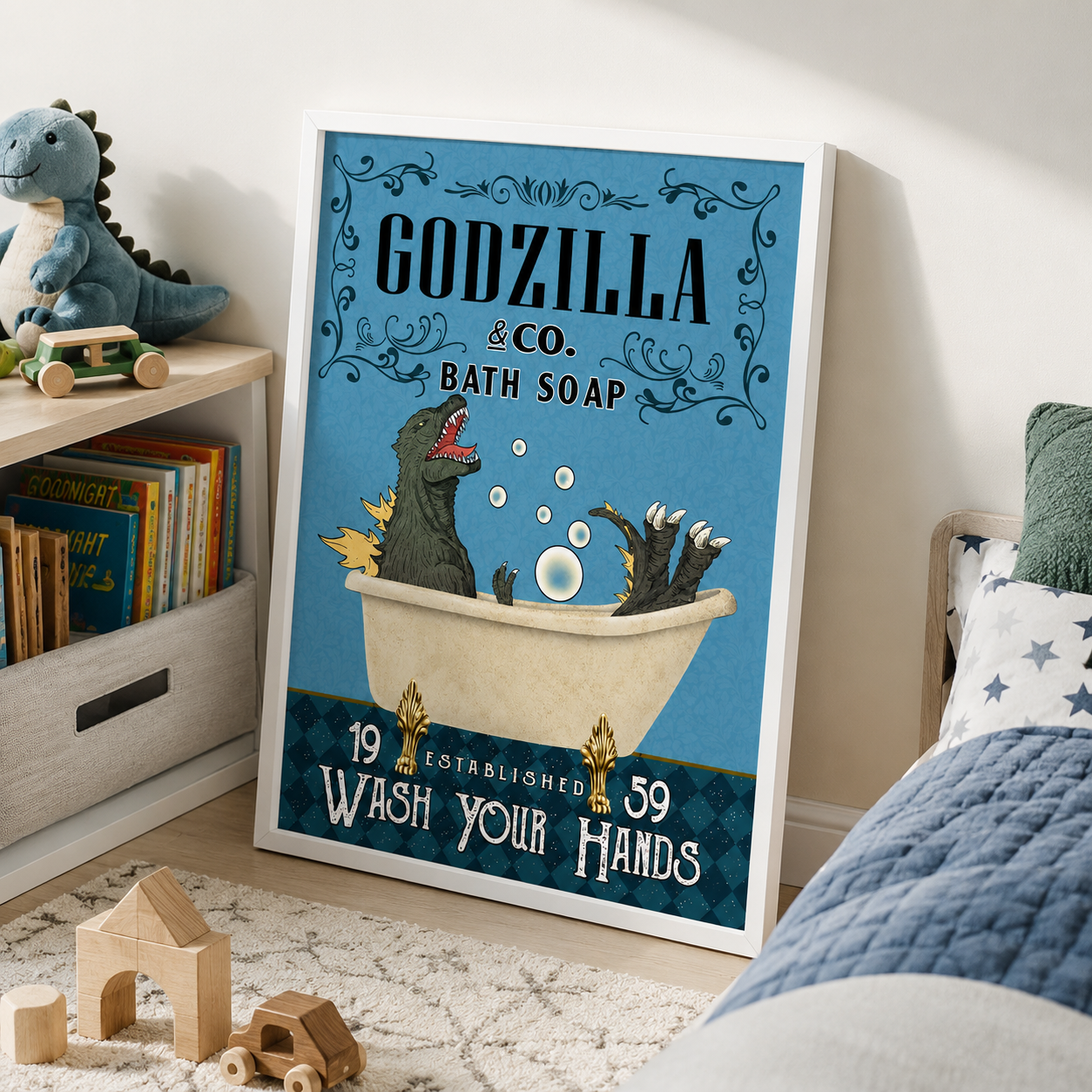 Funny Kaiju Bath Soap Canvas Wall Art Aura Canvas