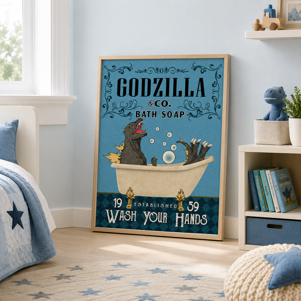 Funny Kaiju Bath Soap Canvas Wall Art Aura Canvas