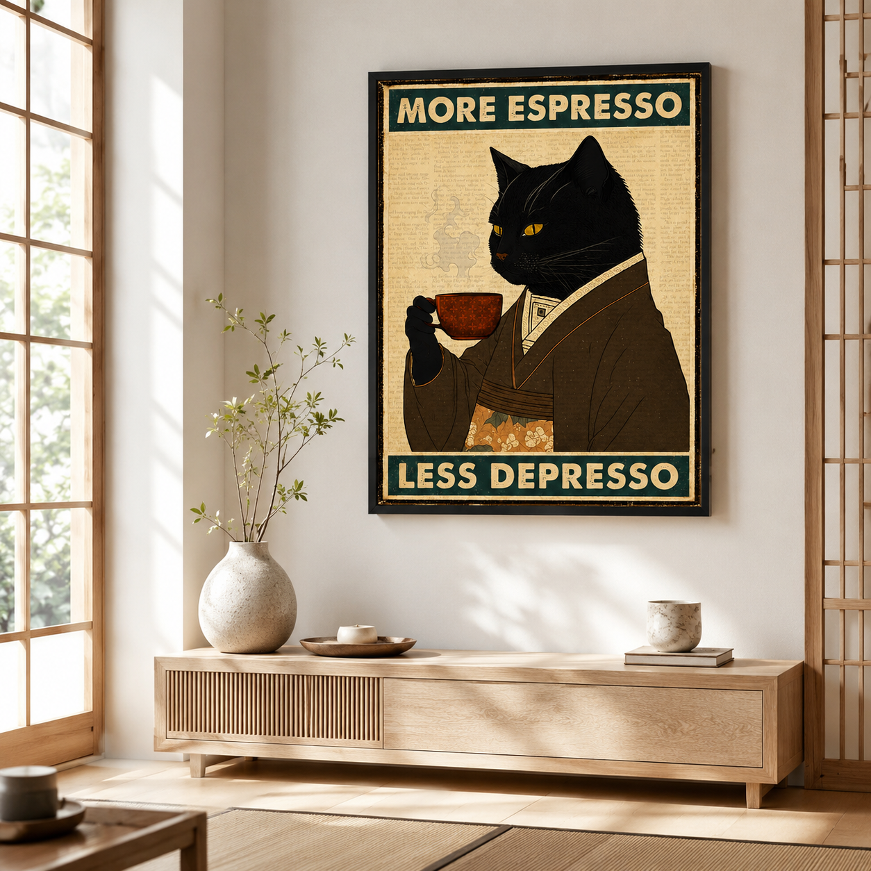 More Espresso Less Depresso Black Cat Canvas Wall Art Aura Canvas