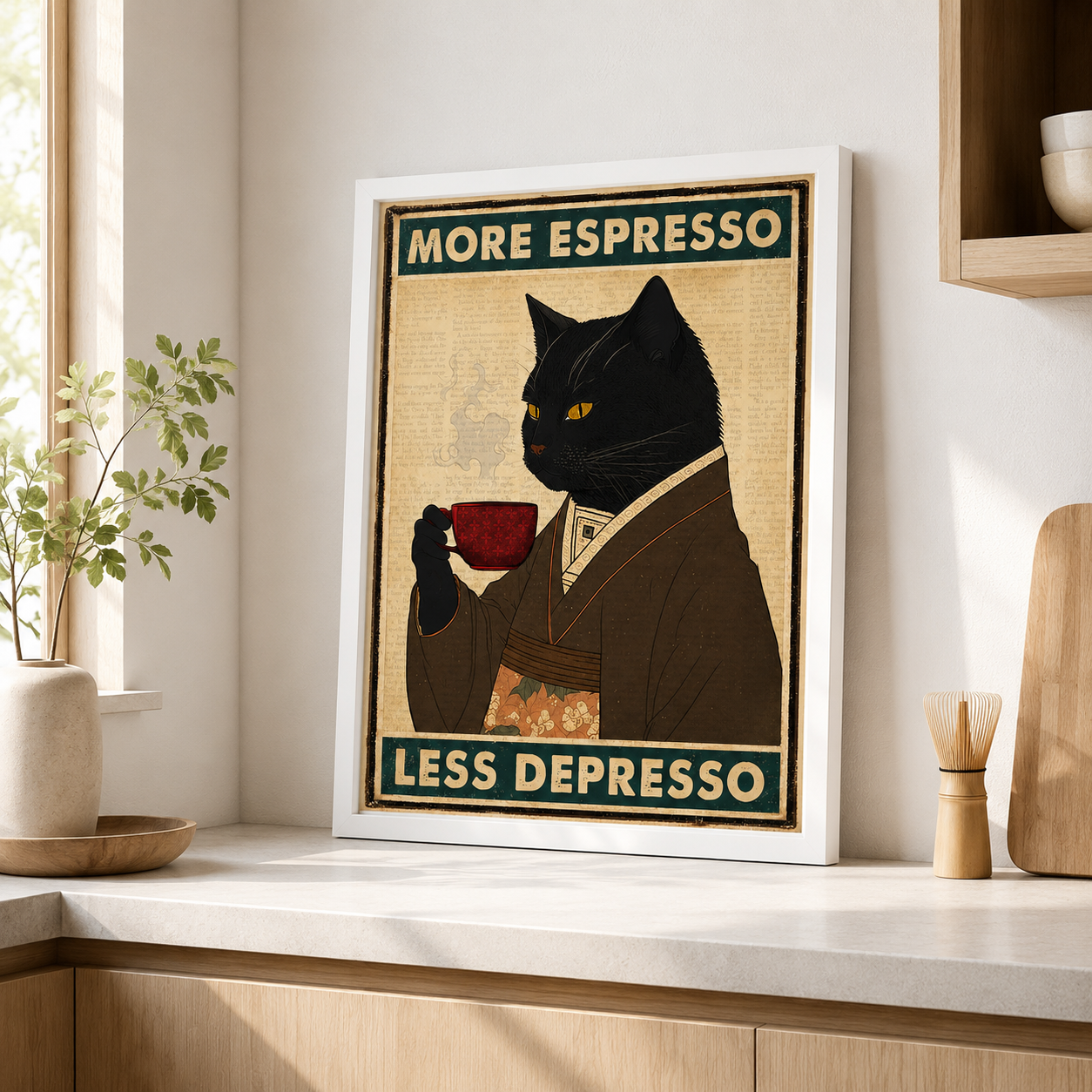 More Espresso Less Depresso Black Cat Canvas Wall Art Aura Canvas