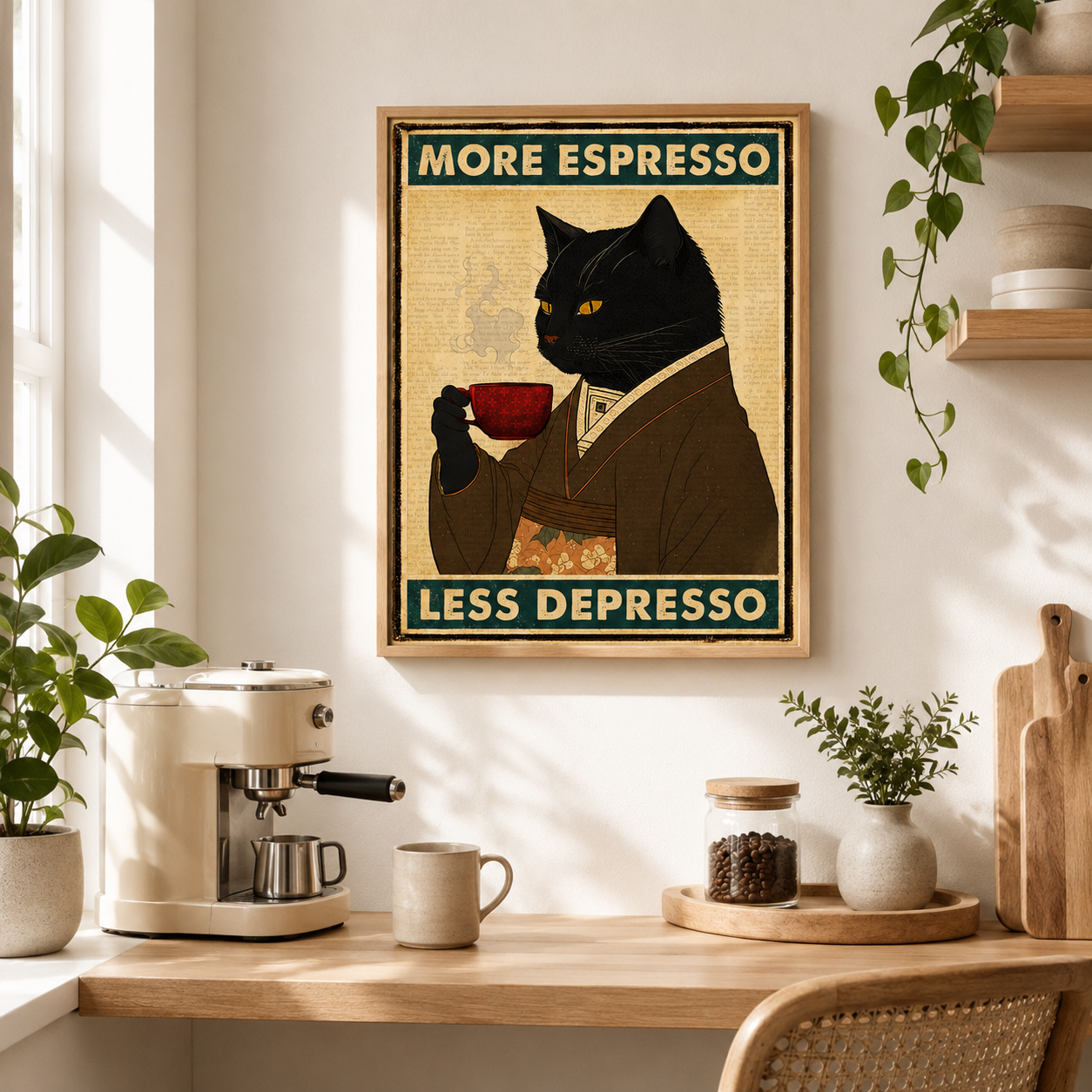More Espresso Less Depresso Black Cat Canvas Wall Art Aura Canvas