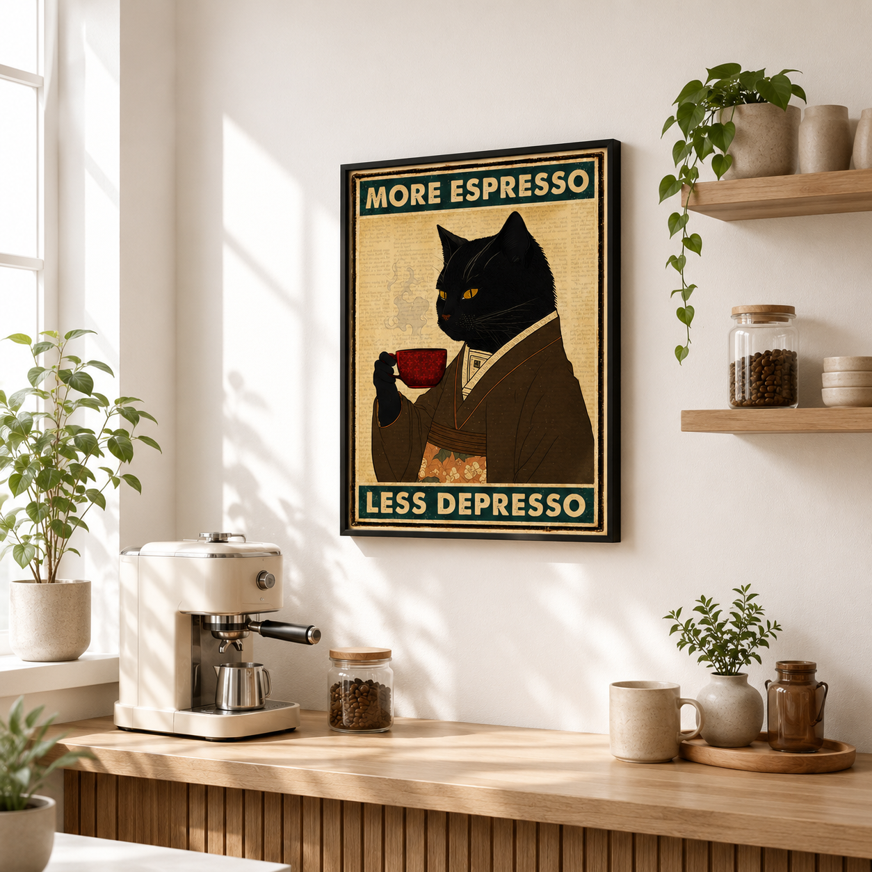 More Espresso Less Depresso Black Cat Canvas Wall Art Aura Canvas