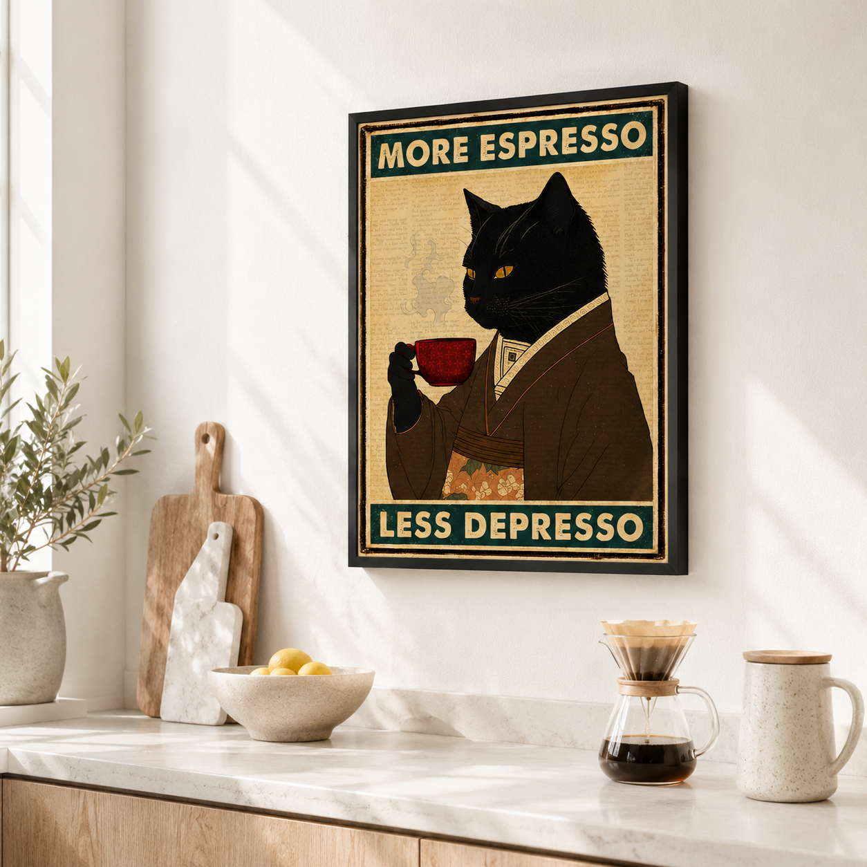 More Espresso Less Depresso Black Cat Canvas Wall Art Aura Canvas