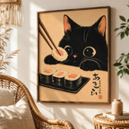 Black Cat Sushi Canvas Wall Art Aura Canvas