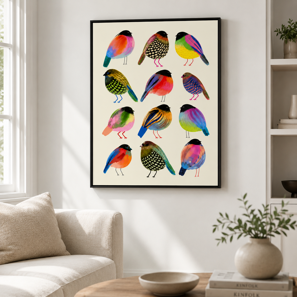 Colorful Bird Canvas Wall Art – Whimsical Folk Art Bird Painting