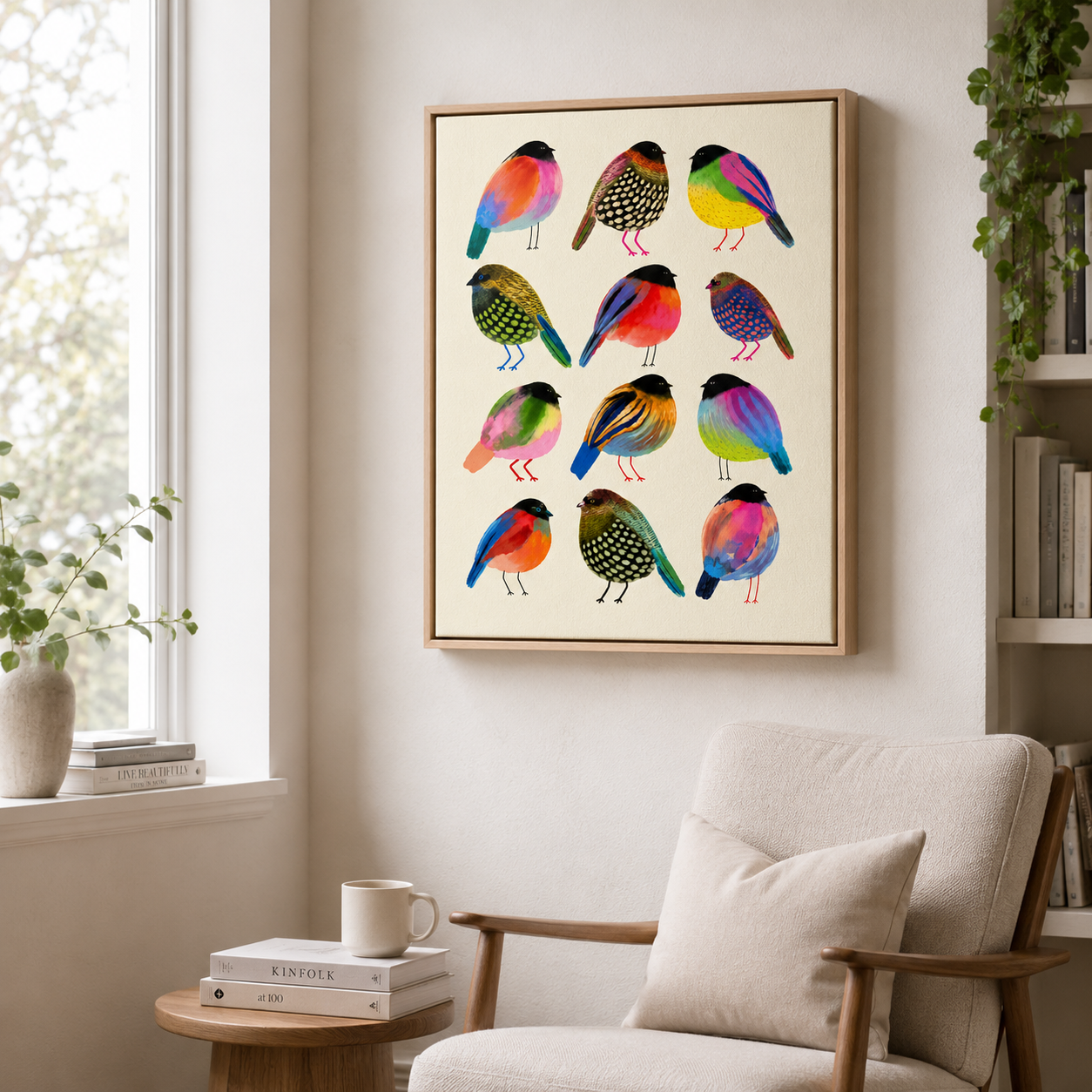 Colorful Bird Canvas Wall Art – Whimsical Folk Art Bird Painting