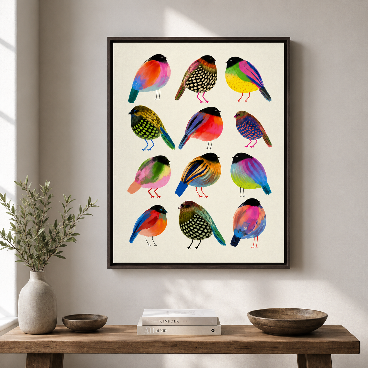 Colorful Bird Canvas Wall Art – Whimsical Folk Art Bird Painting