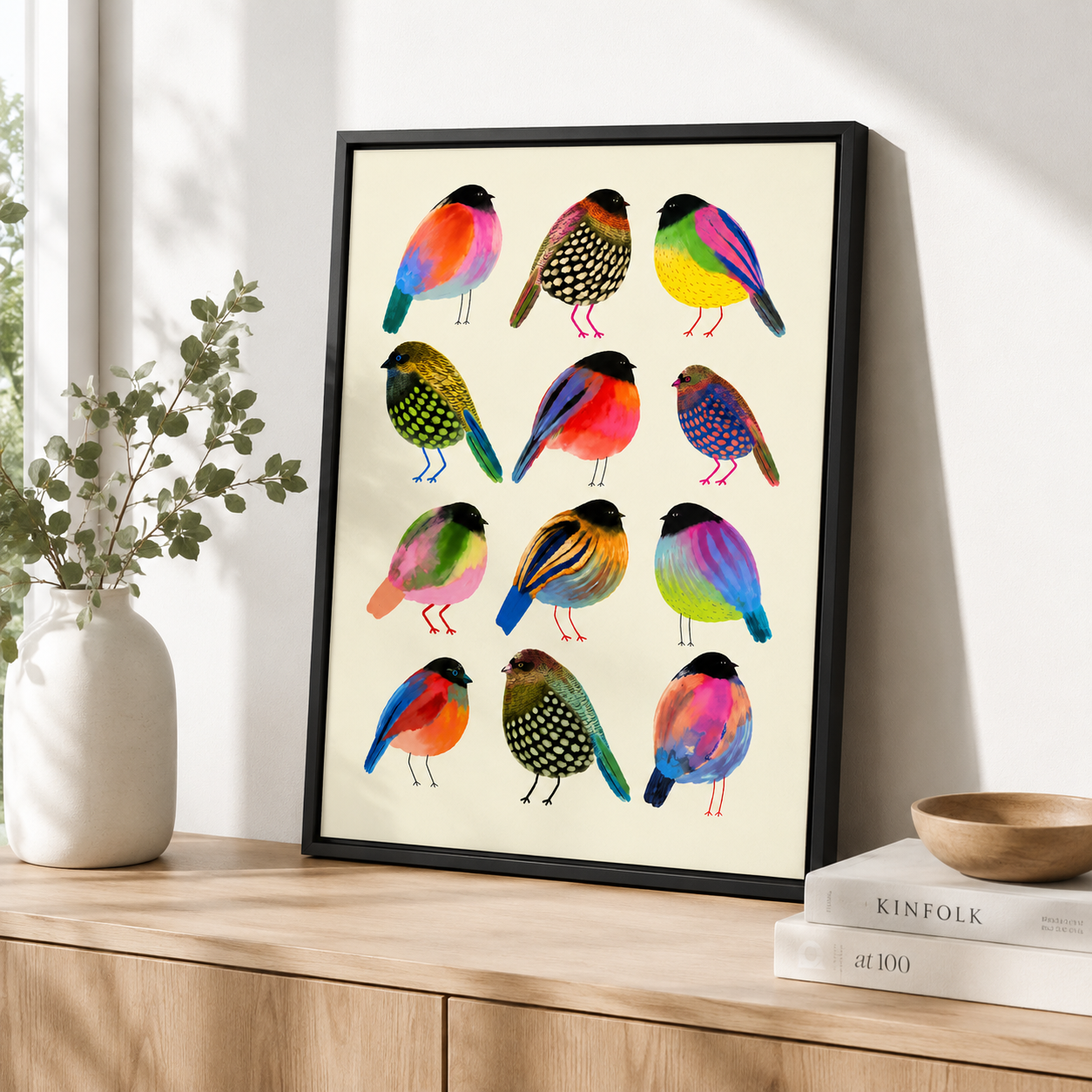Colorful Bird Canvas Wall Art – Whimsical Folk Art Bird Painting