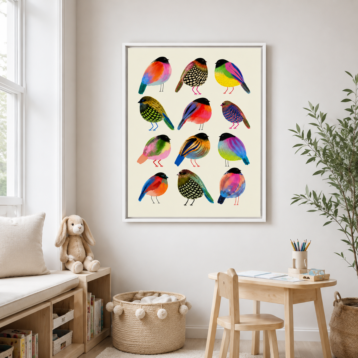 Colorful Bird Canvas Wall Art – Whimsical Folk Art Bird Painting