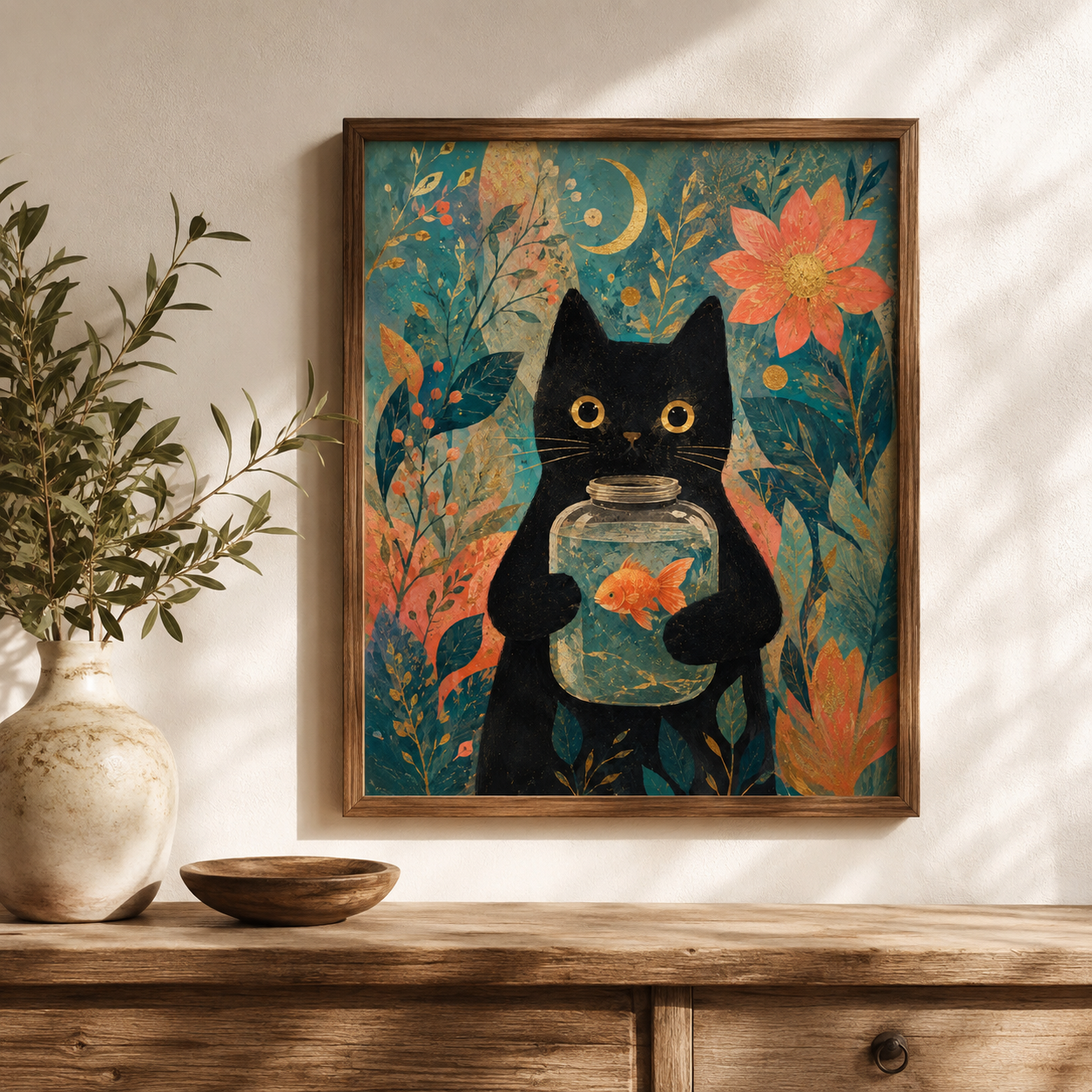 Black Cat Goldfish Canvas Wall Art Aura Canvas