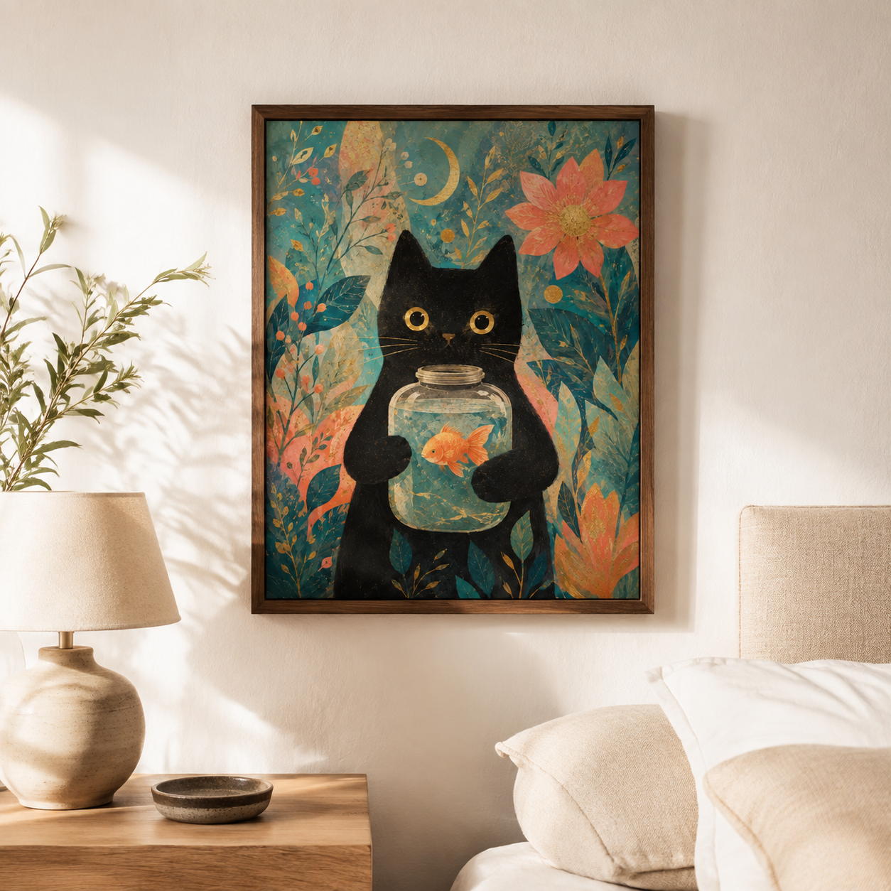 Black Cat Goldfish Canvas Wall Art Aura Canvas