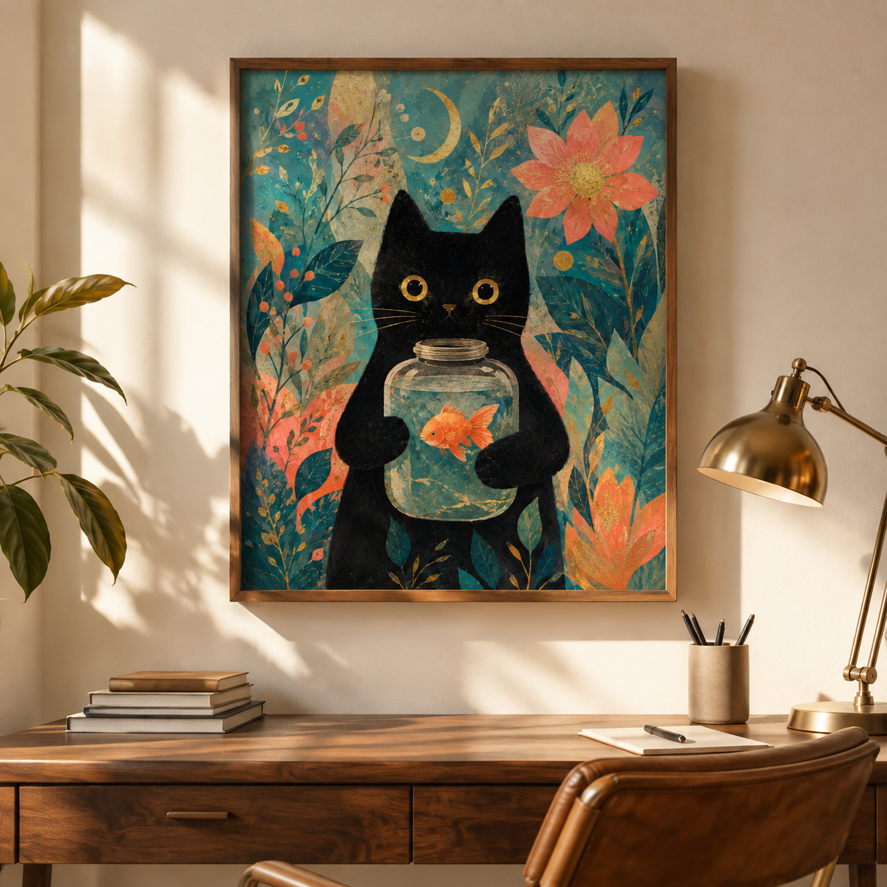 Black Cat Goldfish Canvas Wall Art Aura Canvas