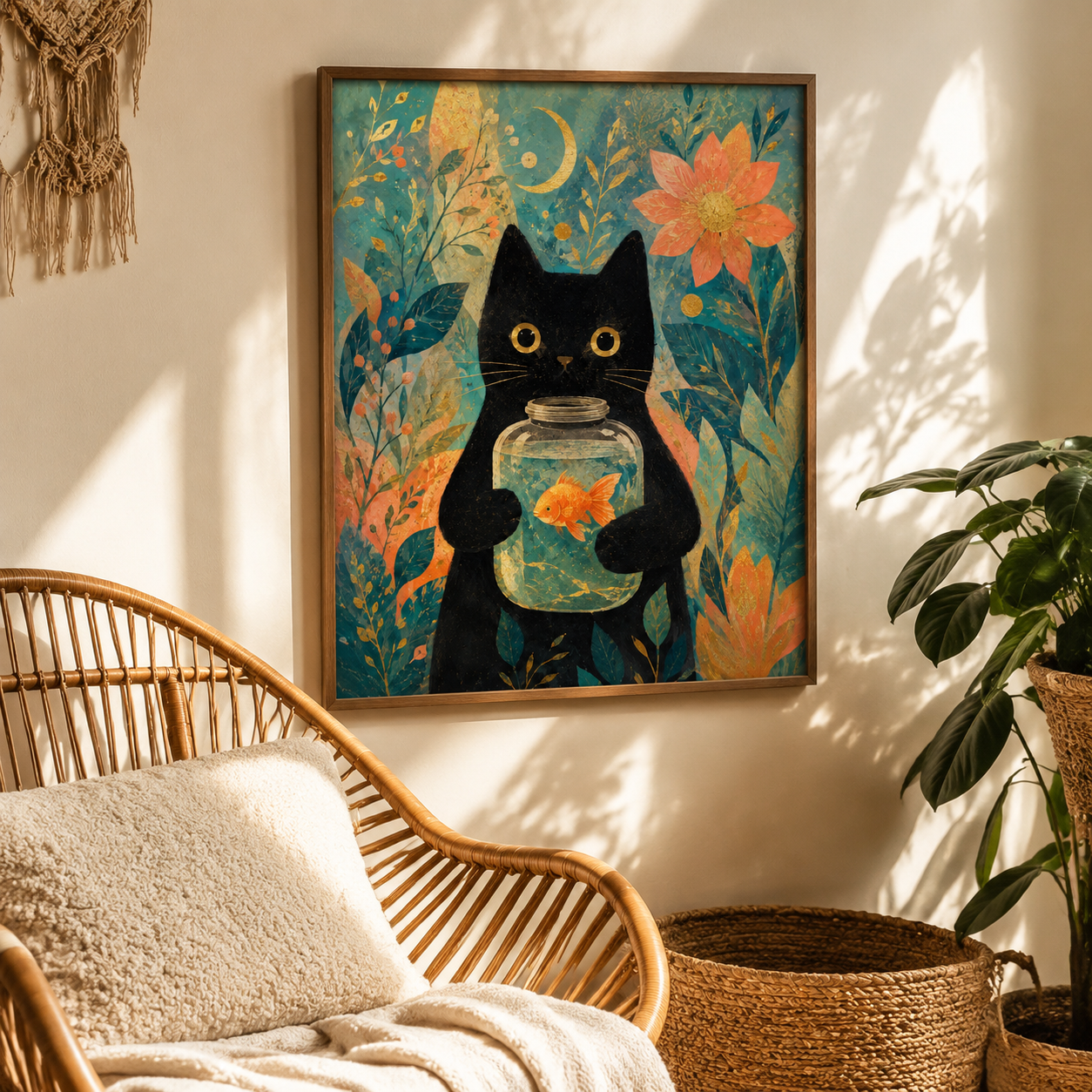 Black Cat Goldfish Canvas Wall Art Aura Canvas