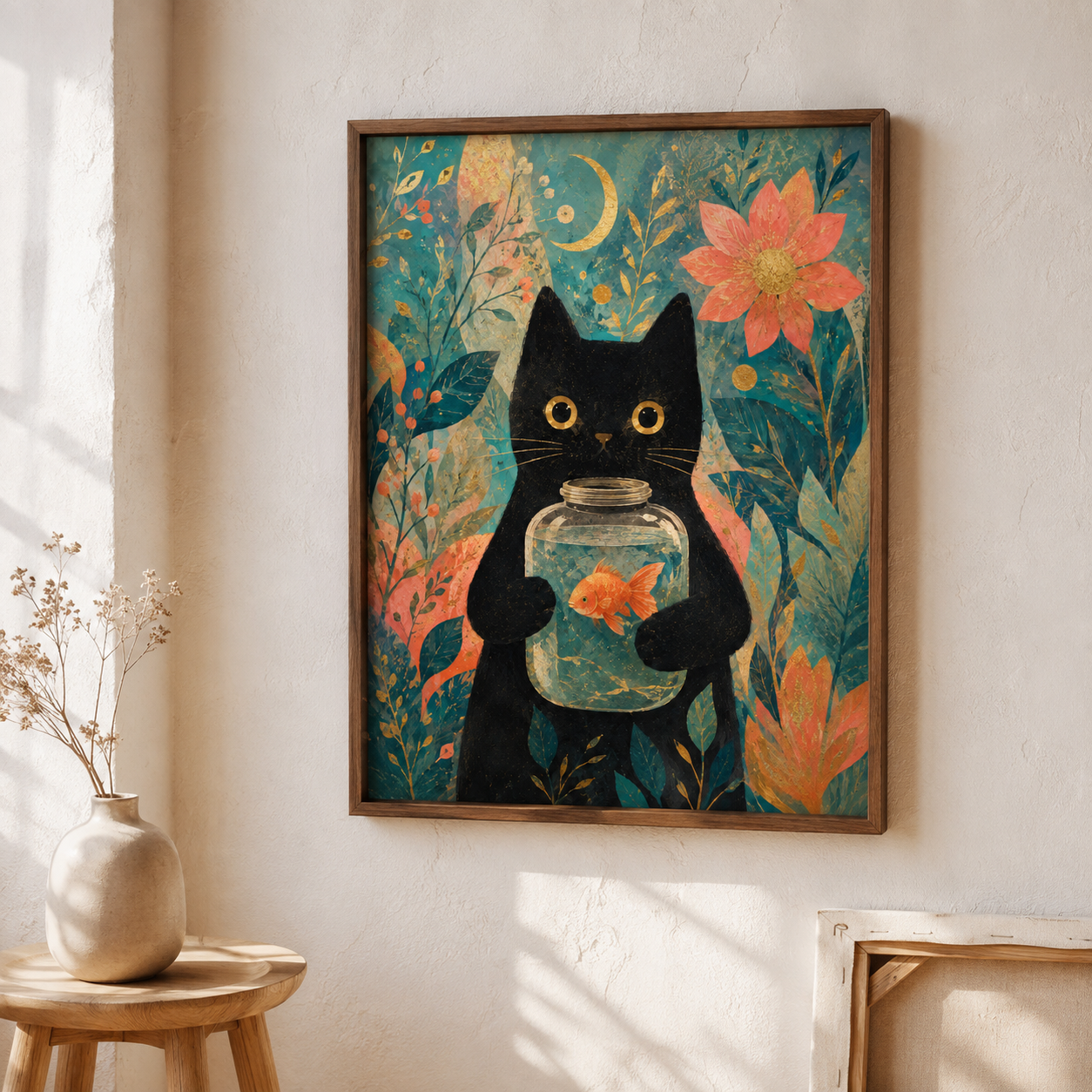 Black Cat Goldfish Canvas Wall Art Aura Canvas