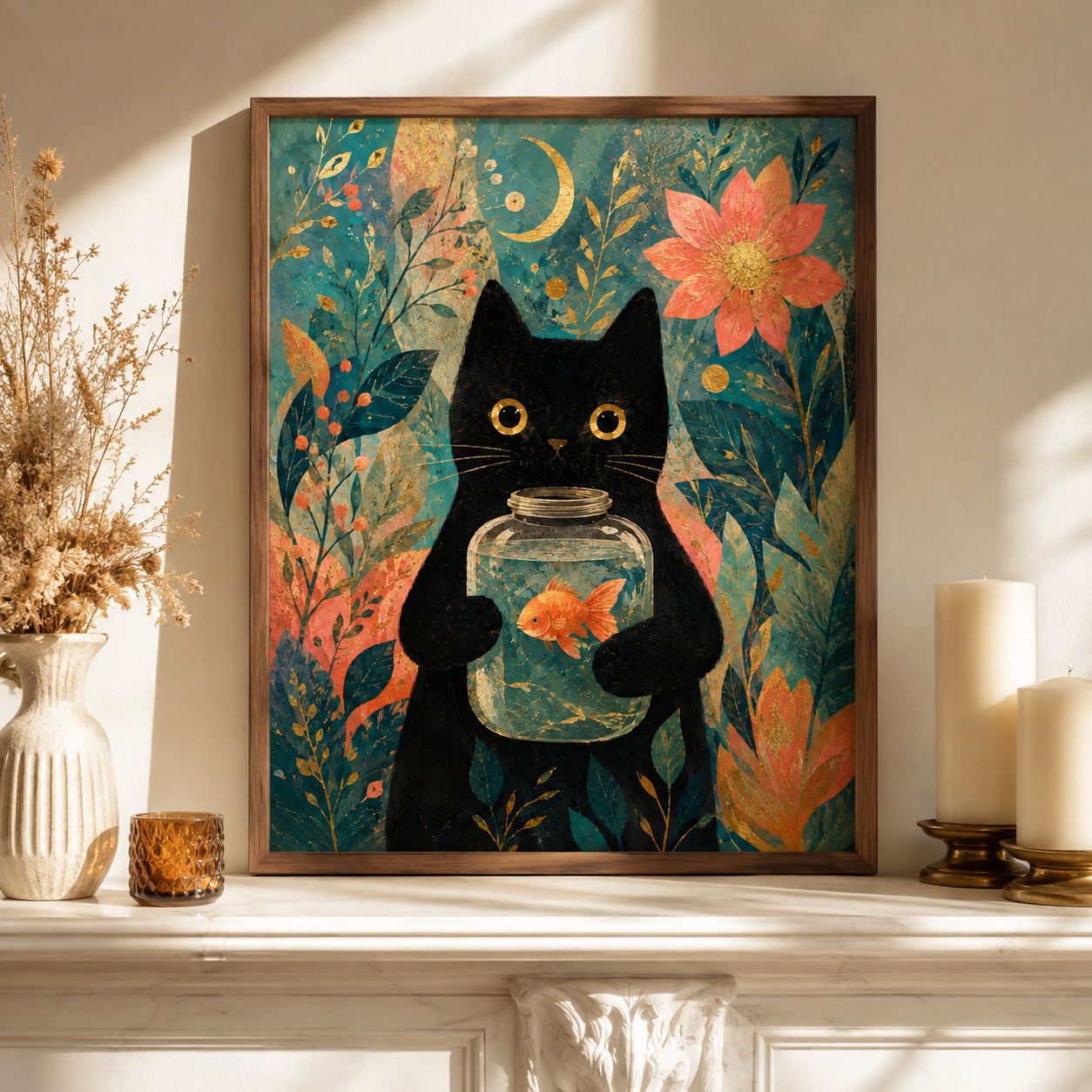 Black Cat Goldfish Canvas Wall Art Aura Canvas
