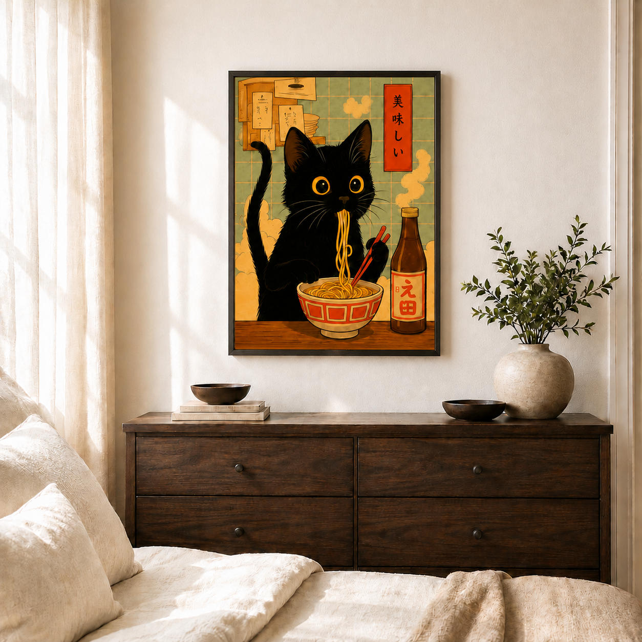 Black Cat Eating Ramen Canvas Wall Art Aura Canvas
