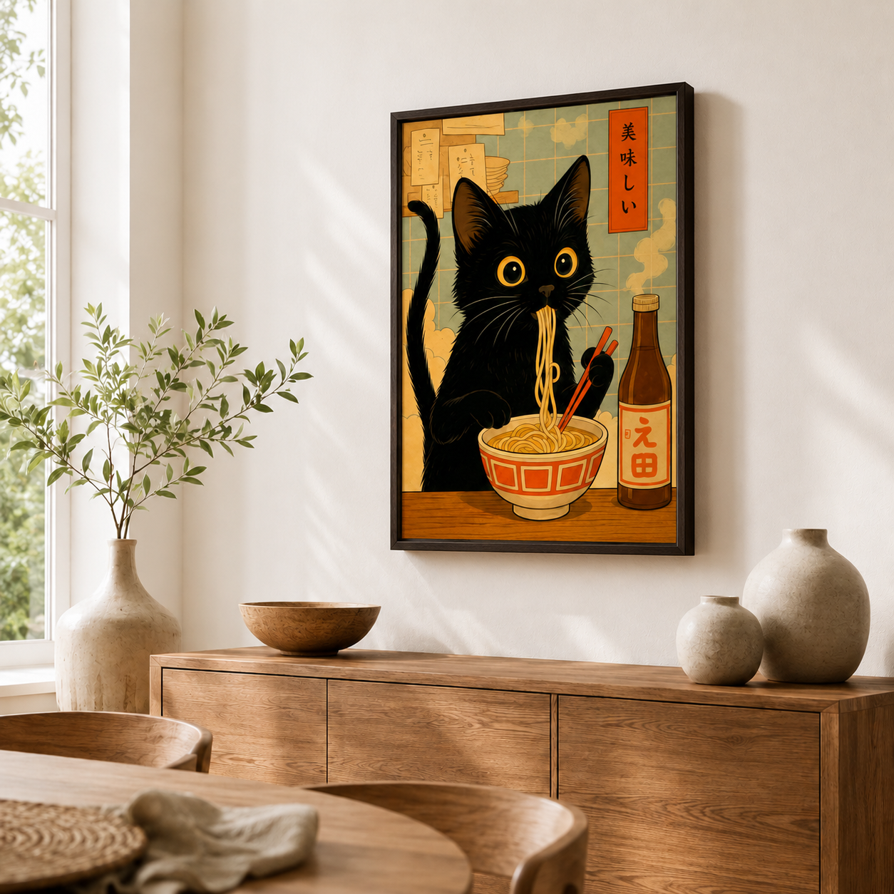 Black Cat Eating Ramen Canvas Wall Art Aura Canvas