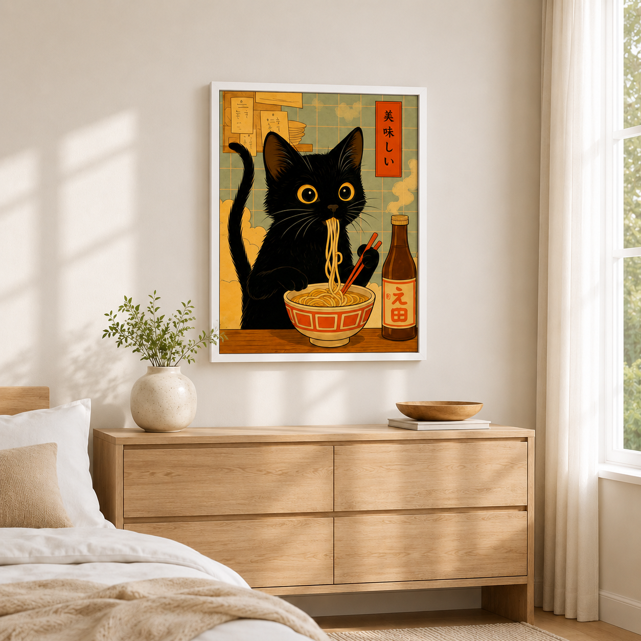 Black Cat Eating Ramen Canvas Wall Art Aura Canvas