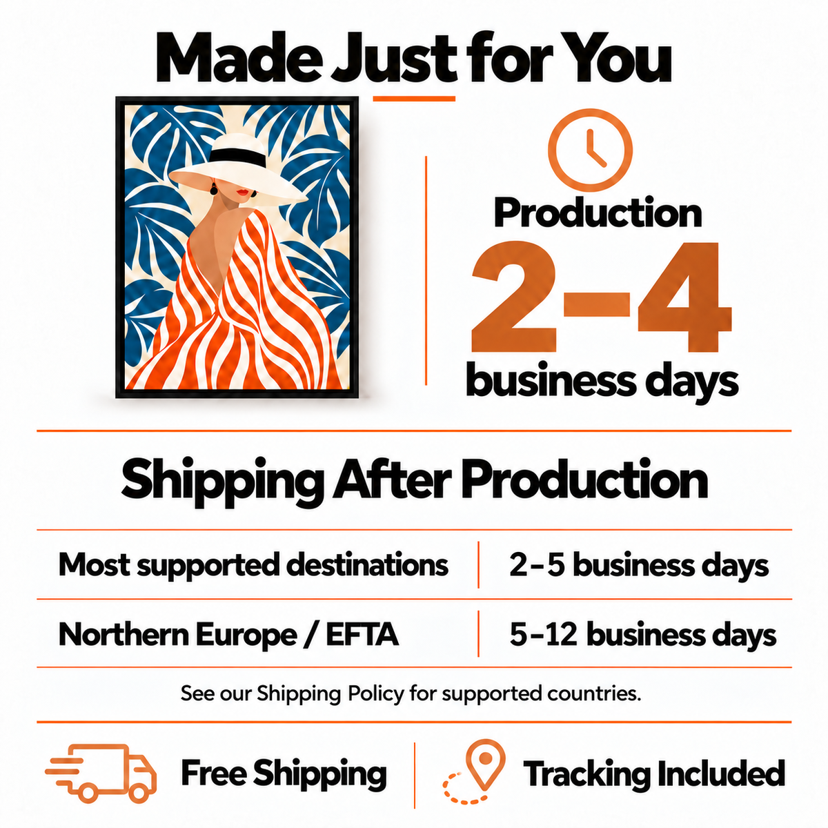 Aura Canvas production 2–4 business days. Transit 2–5 business days for most supported destinations; 5–12 business days for Northern Europe and EFTA.