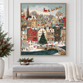 Snowy Christmas Village with Santa Sleigh Canvas Wall Art