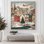 Snowy Christmas Village with Santa Sleigh Canvas Wall Art