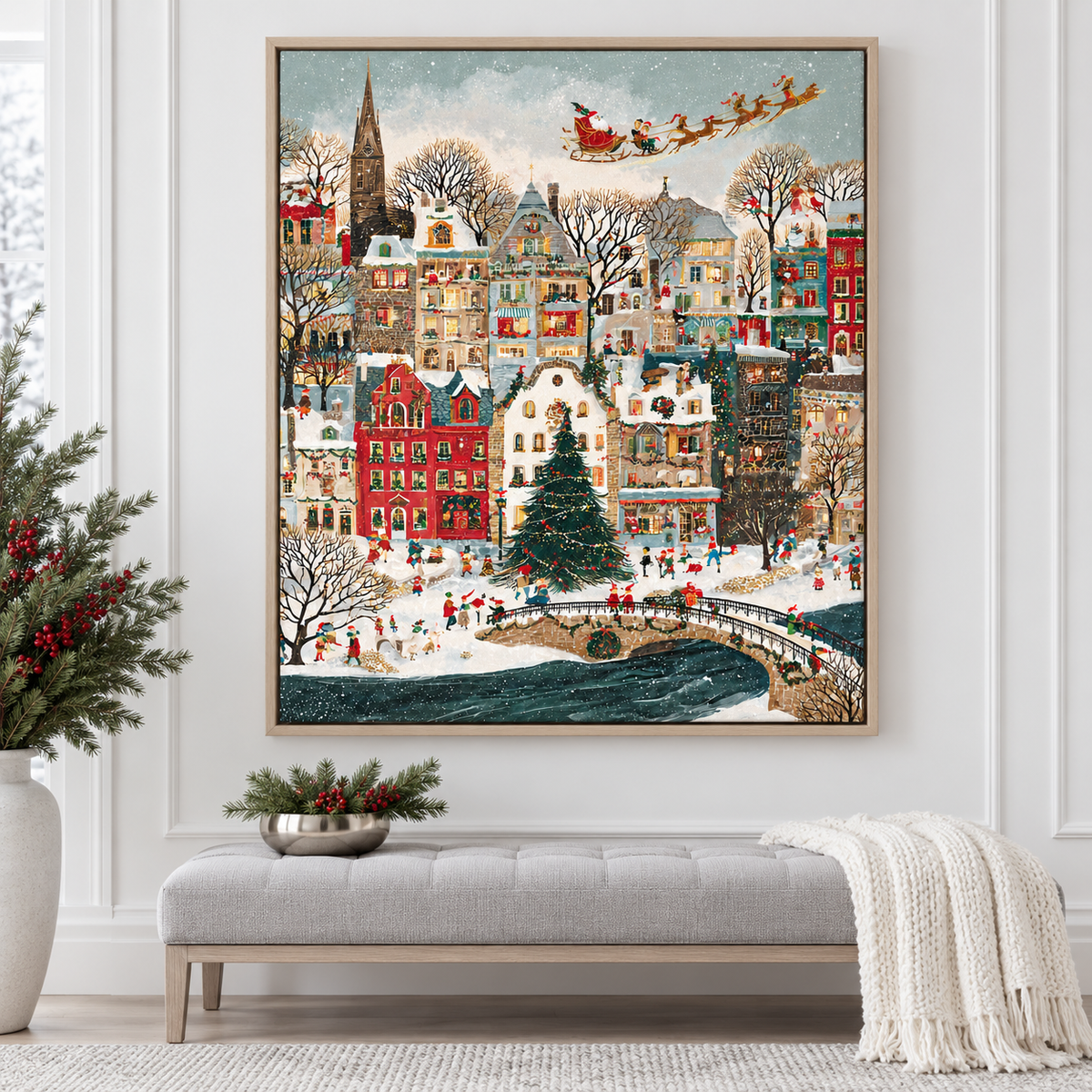 Snowy Christmas Village with Santa Sleigh Canvas Wall Art