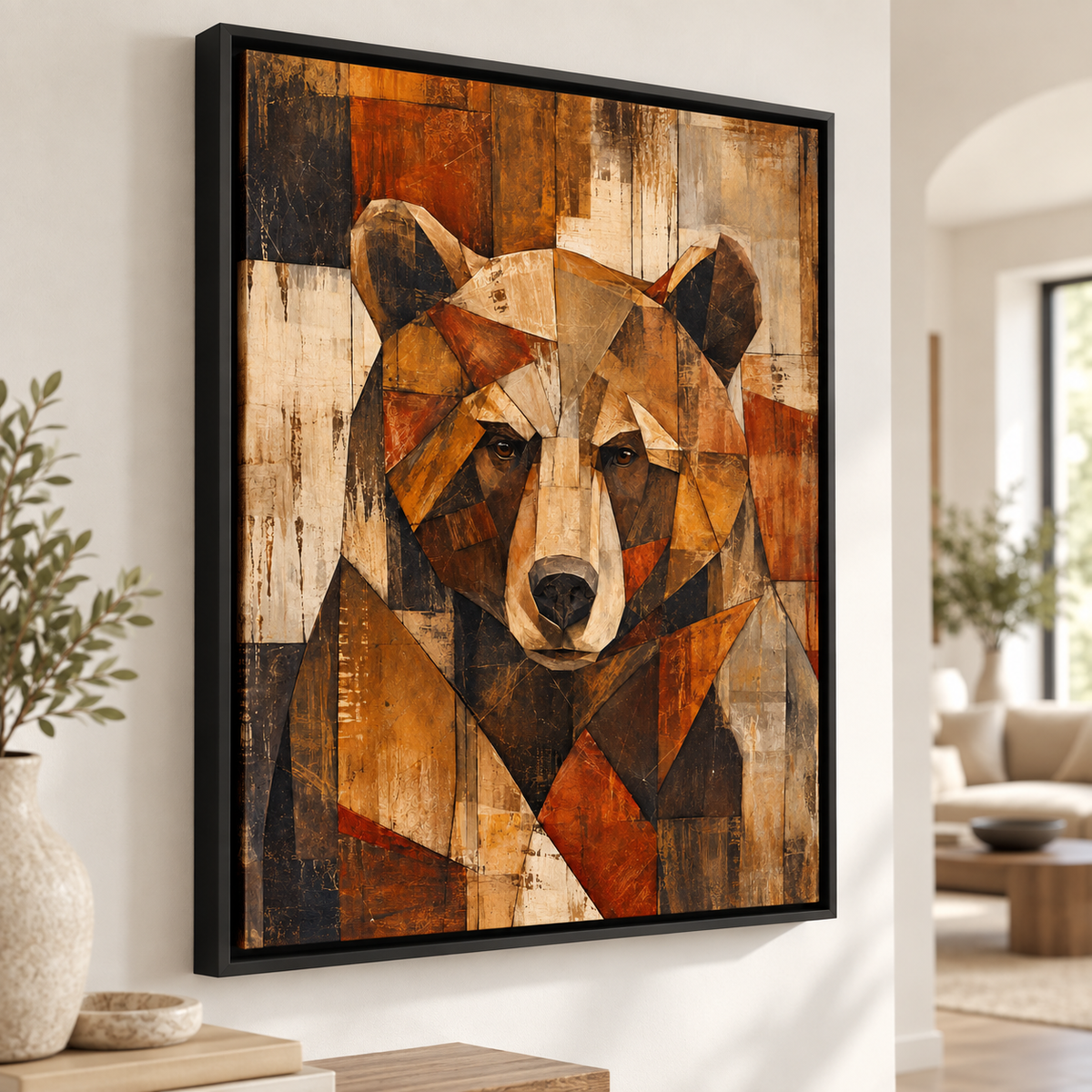 Rustic Geometric Bear Portrait Canvas Wall Art - lifestyle room mockup