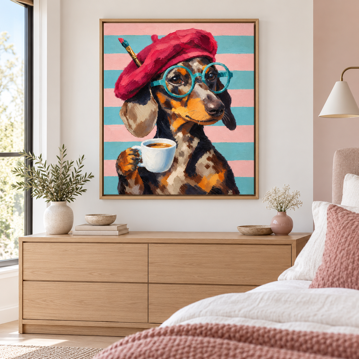 Funny Dachshund Artist with Coffee Canvas Wall Art