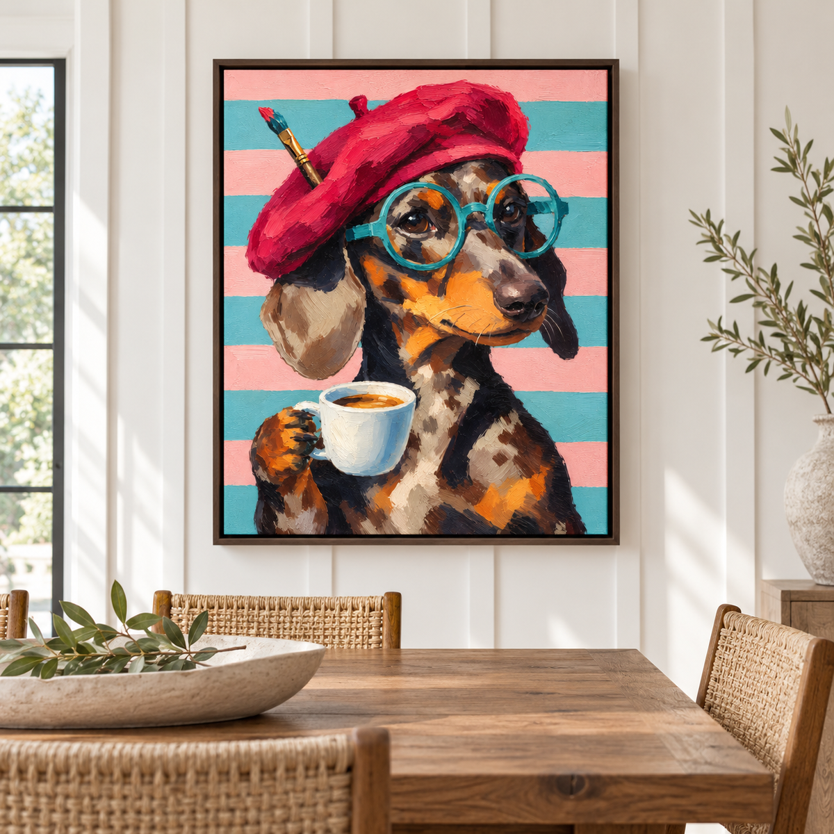 Funny Dachshund Artist with Coffee Canvas Wall Art