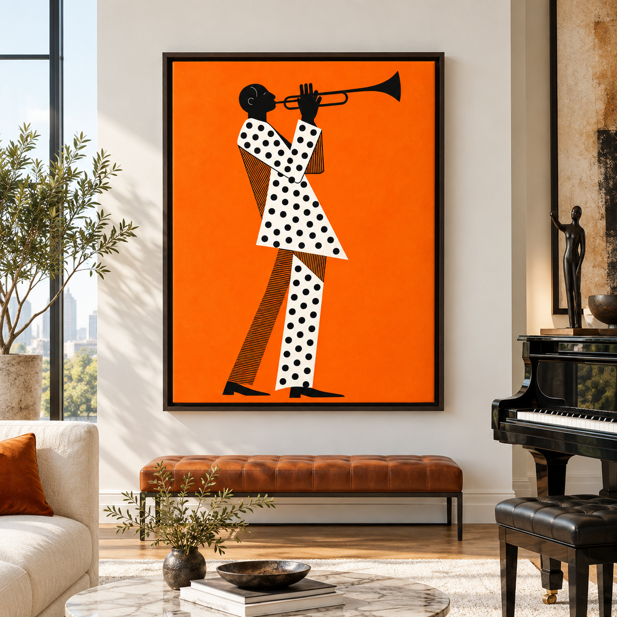 Orange Jazz Trumpet Player Canvas Wall Art - canvas artwork view 4