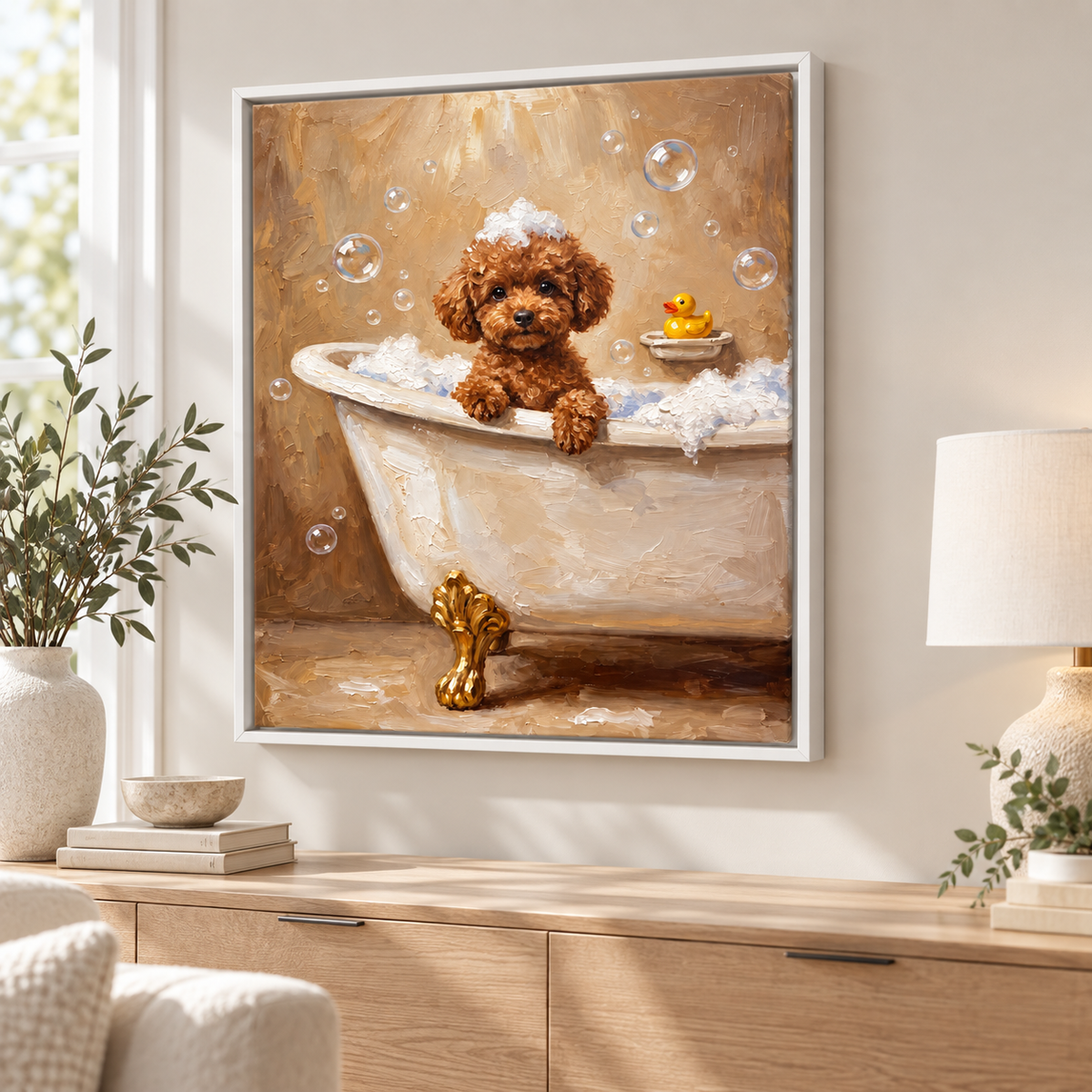 Custom Pet Portrait Bubble Bath Canvas Wall Art - framed canvas mockup