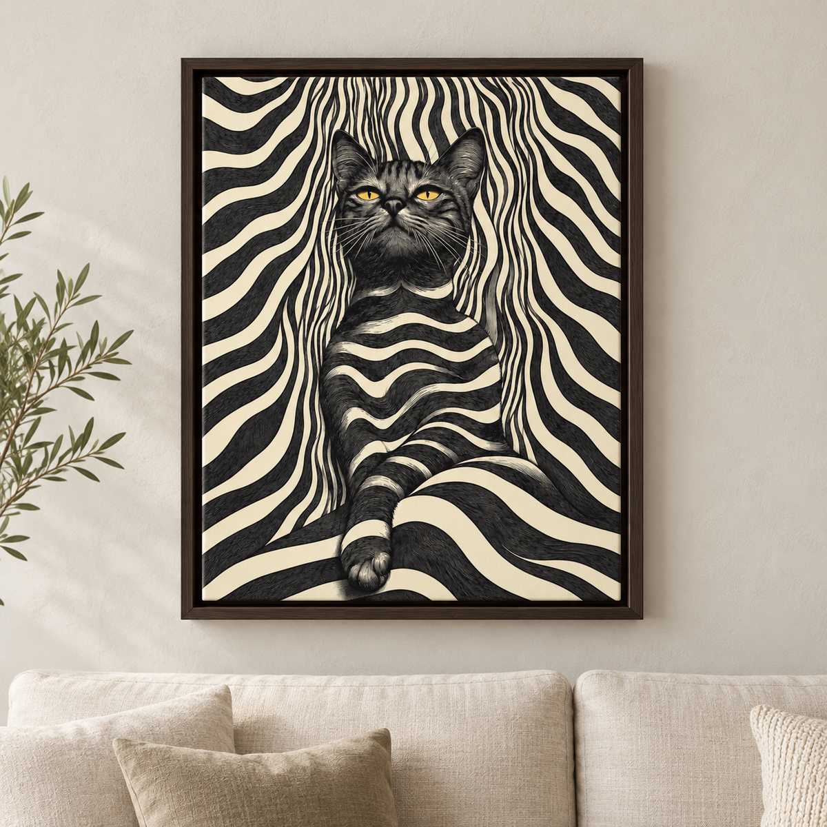 Black Cat Optical Illusion Striped Canvas Wall Art - lifestyle room mockup