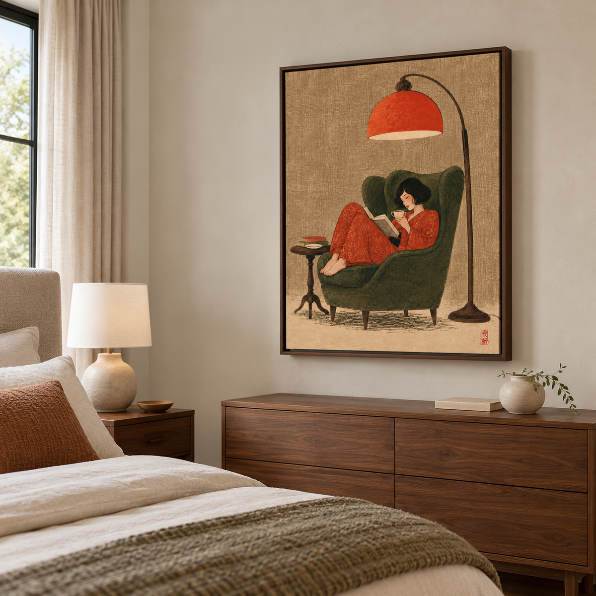 Cozy Woman Reading in Green Armchair Canvas Wall Art