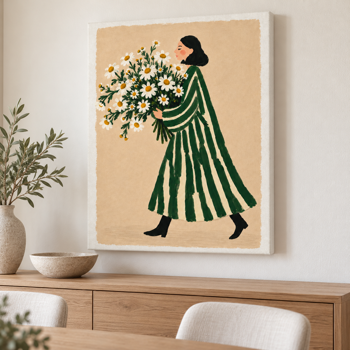 Woman with Daisy Bouquet Canvas Wall Art