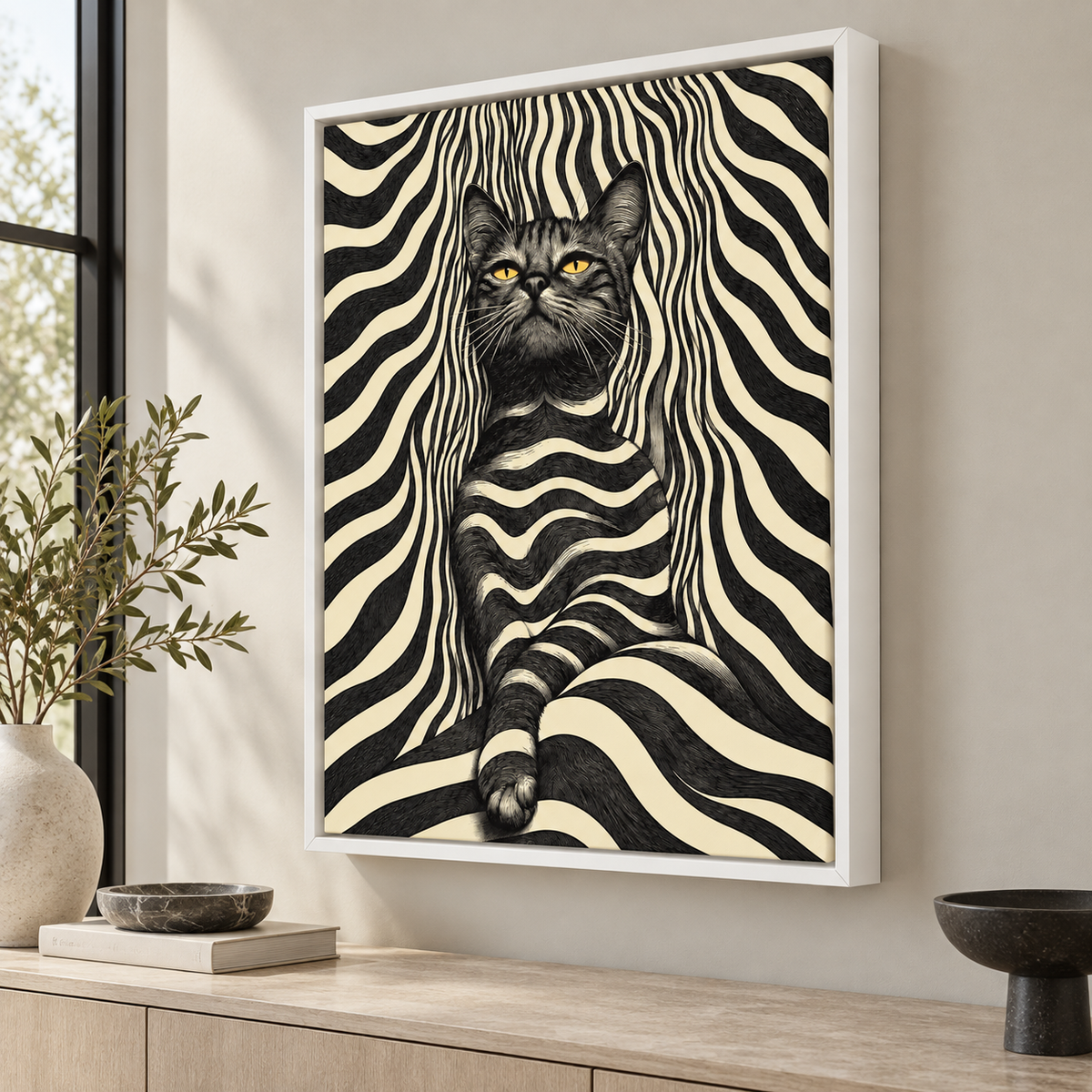 Black Cat Optical Illusion Striped Canvas Wall Art - canvas detail view 6