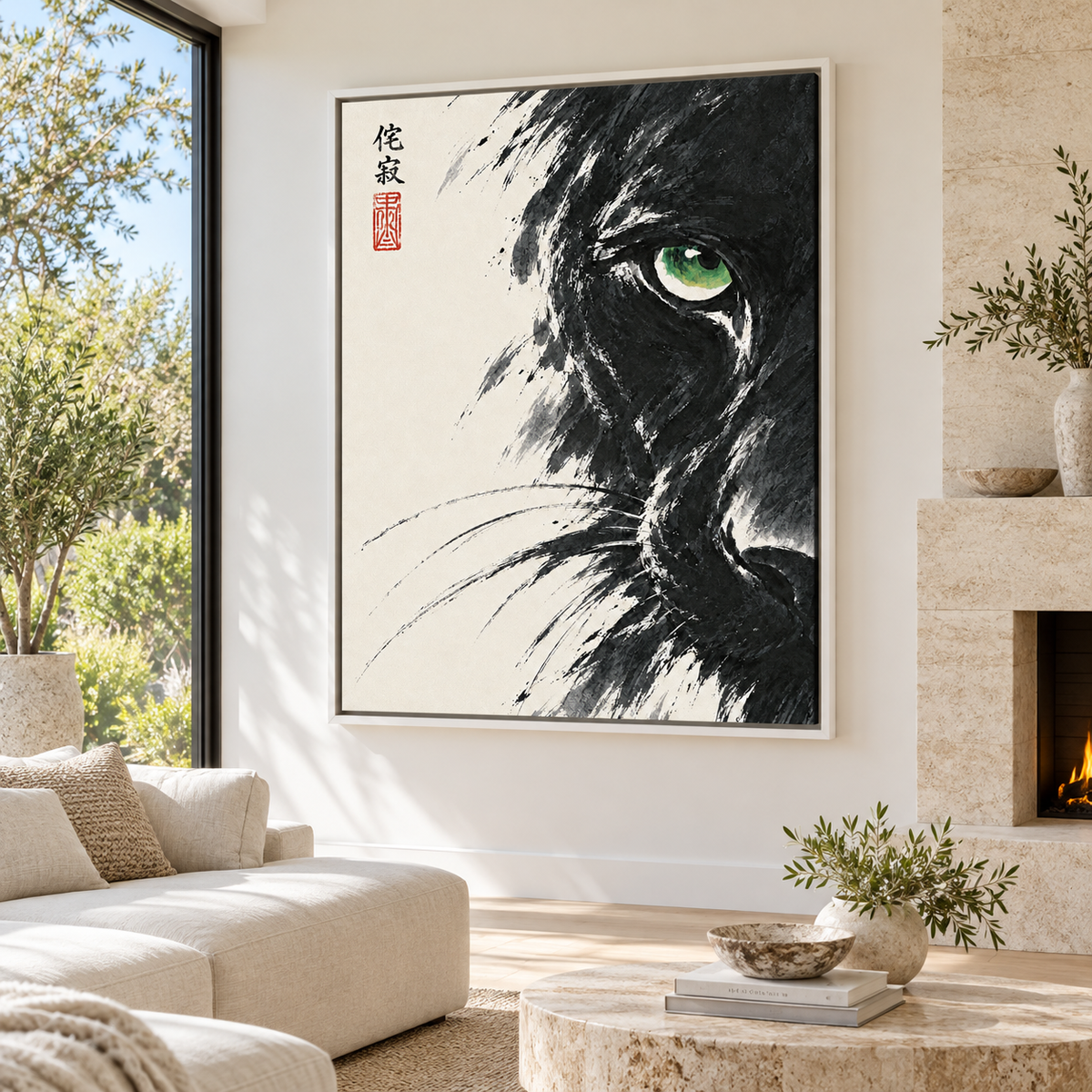 Japanese Black Cat Green Eye Canvas Wall Art