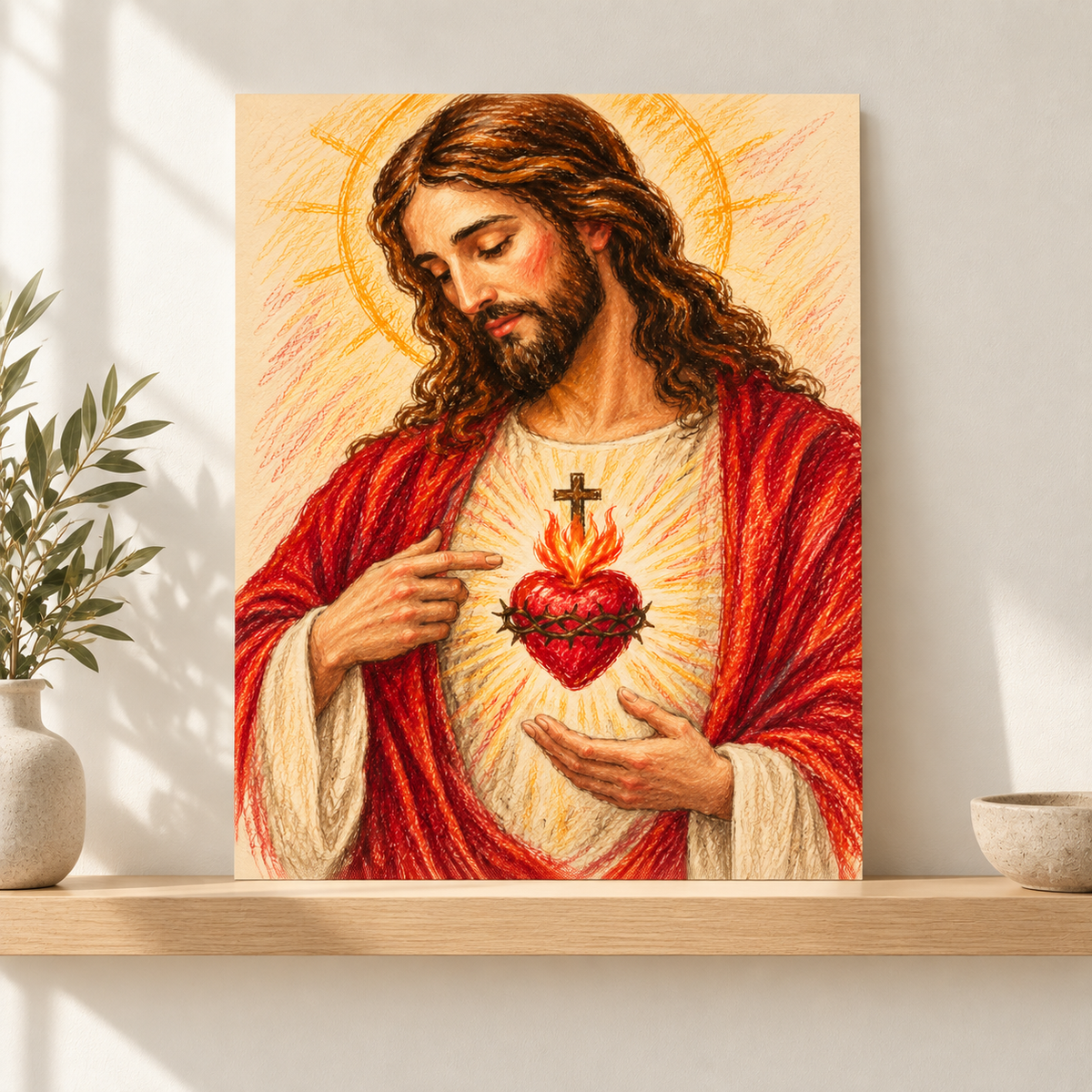 Sacred Heart of Jesus Pencil Style Canvas Wall Art - canvas detail view 8