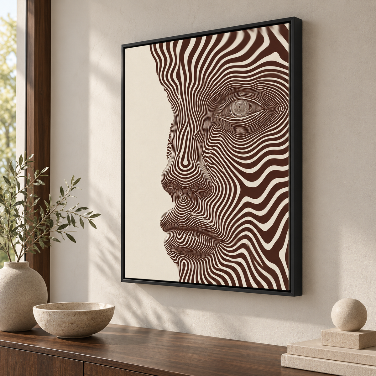 Brown and Cream Abstract Face Line Art Canvas Wall Art - canvas detail view 4