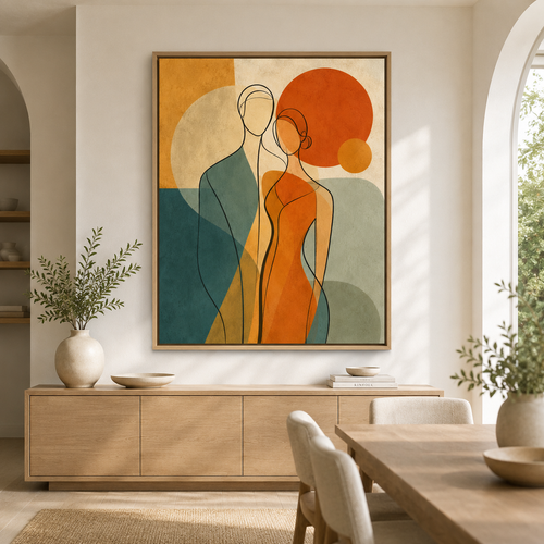 Abstract Couple Canvas Wall Art in a natural wood frame