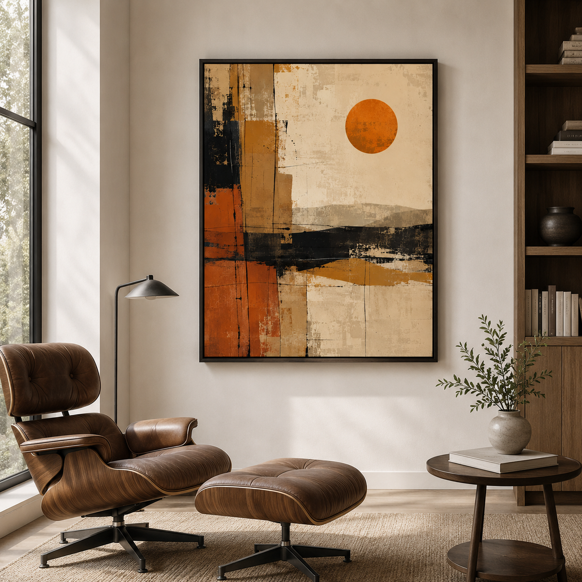 Abstract Desert Canvas Wall Art in a black frame in a modern room
