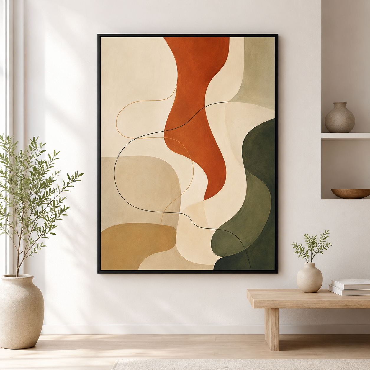 Abstract Neutral Canvas Wall Art black frame room mockup
