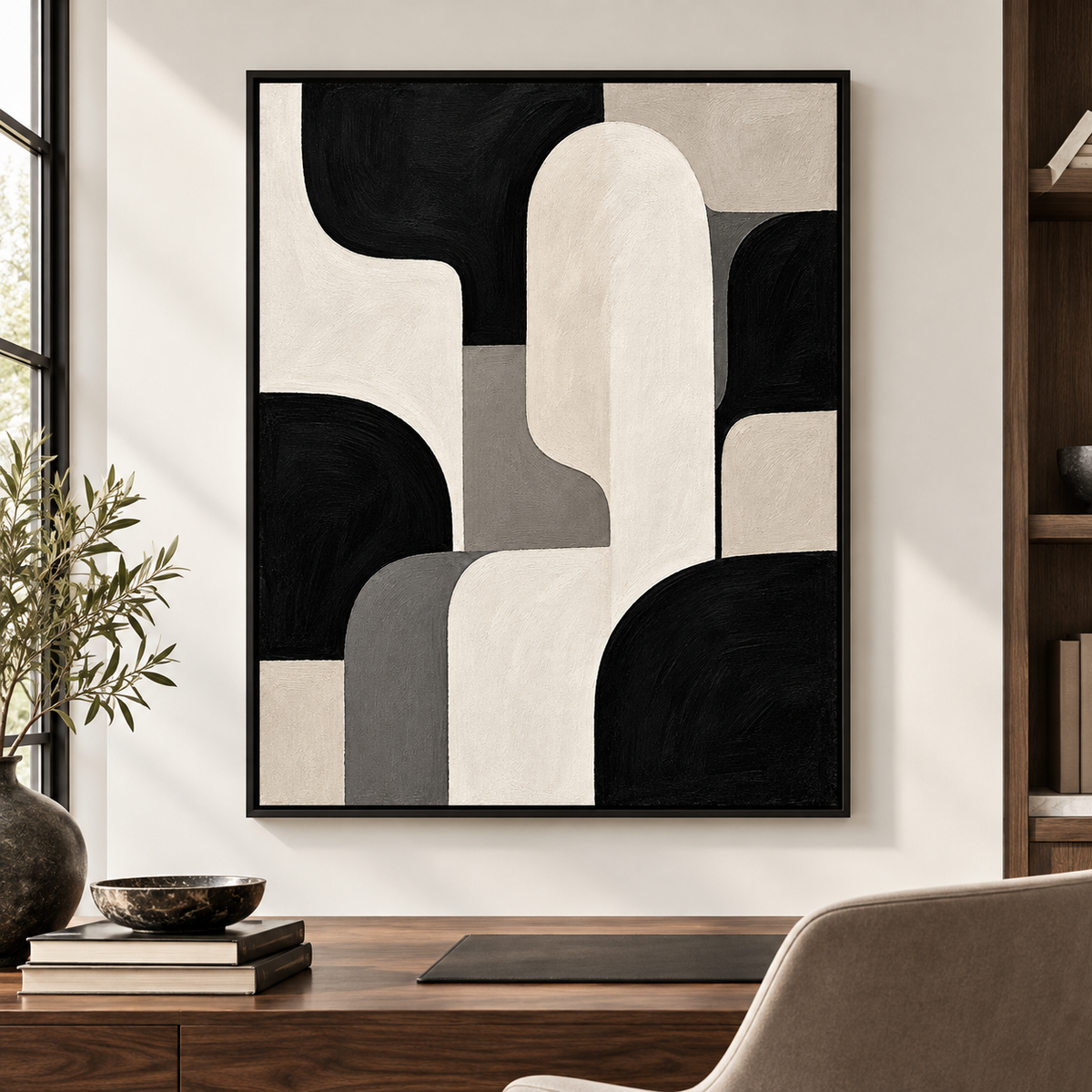 Black Cream and Gray Organic Shapes Canvas Wall Art