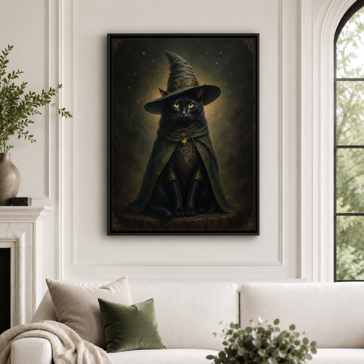 Custom Black Cat Witch Portrait Canvas Wall Art