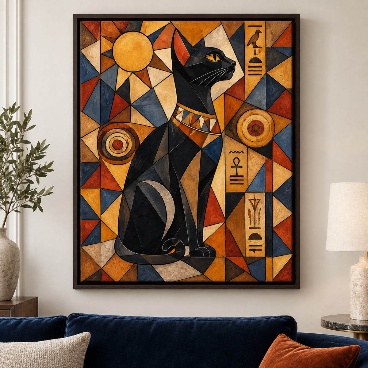 Egyptian Black Cat Geometric Canvas Wall Art - canvas close-up detail