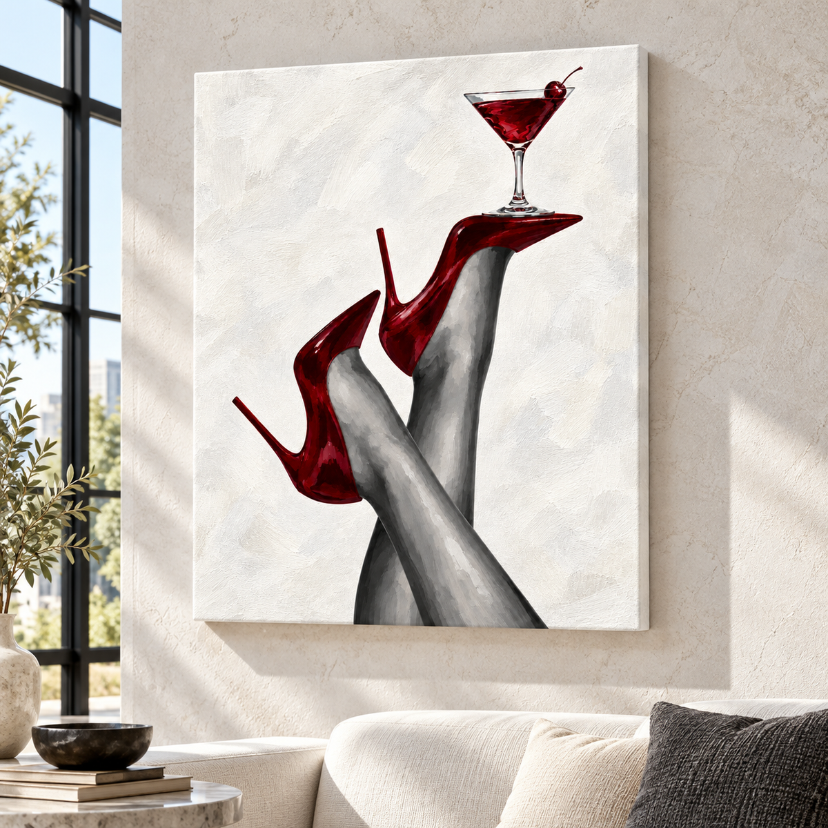 Red High Heels and Cherry Cocktail Canvas Wall Art