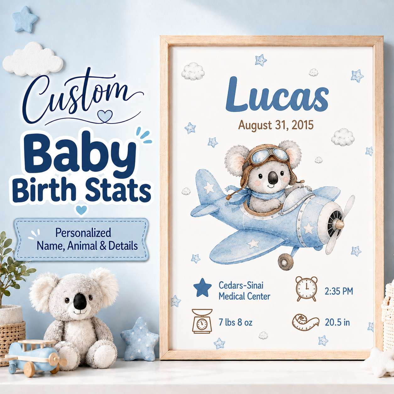 Little Aviator Personalized Baby Birth Stats Canvas Aura Canvas