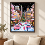 Pink Christmas City Street Canvas Wall Art - canvas detail view 6