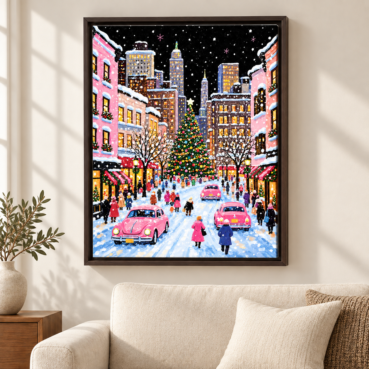 Pink Christmas City Street Canvas Wall Art - canvas detail view 6